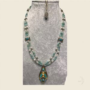 Michal Golan Turquoise Tone Beaded Pendant Necklace Adjustable